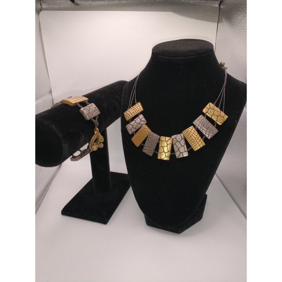 Chico's Gold & Silver Tone Animal Print Necklace/Bracelet with Leather Chain - Picture 12 of 13